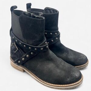 Black suede biker motto boots with studded straps and buckle detail